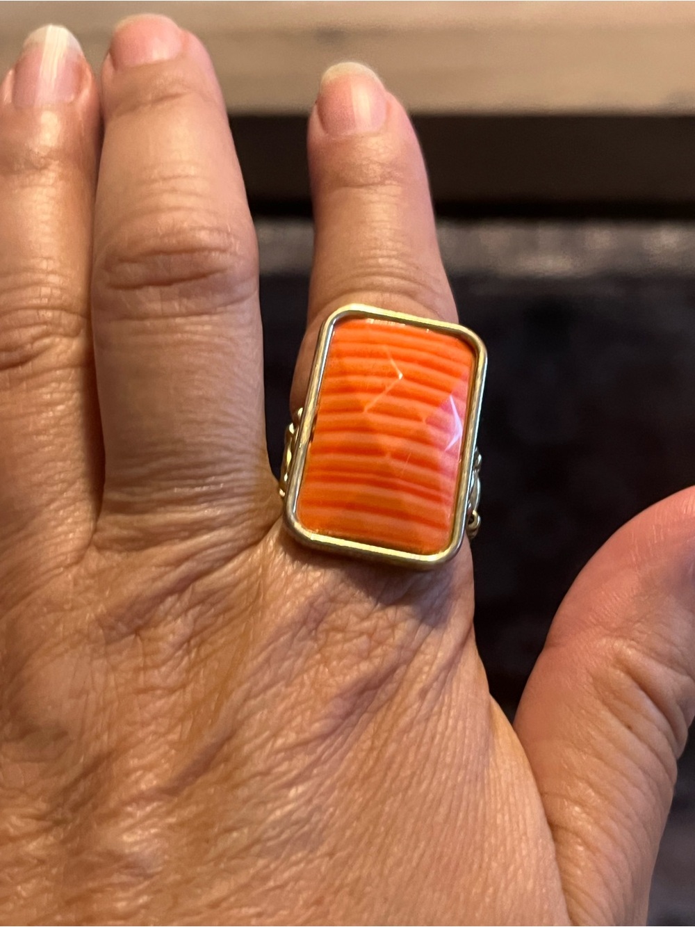 Gold-Tone Orange Rectangular Inlay Statement Ring - Picture 4 of 4